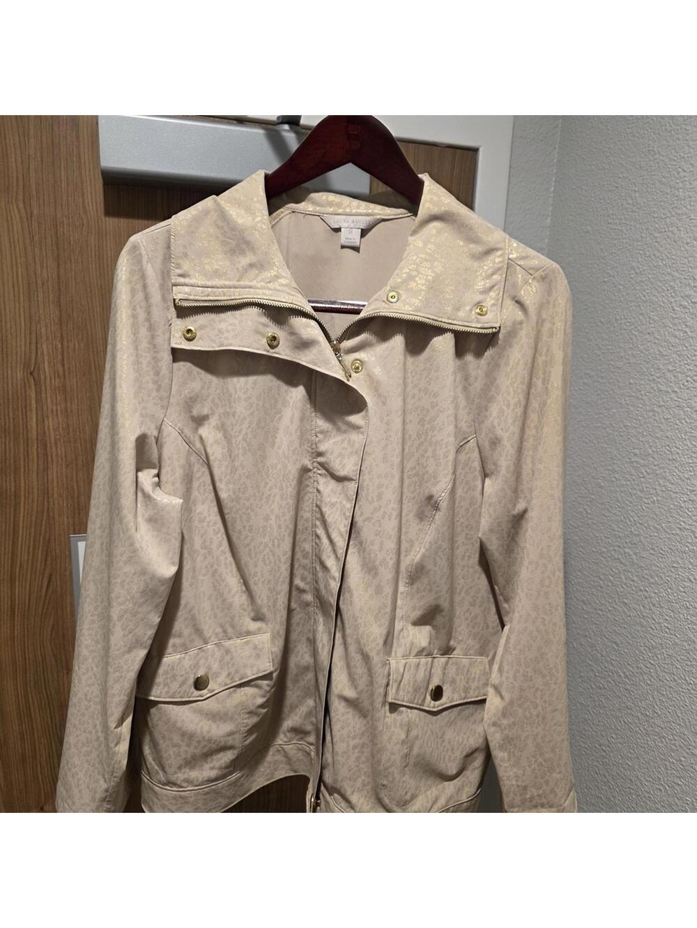 Laura Ashley Women's Beige Lightweight Jacket with Gold Leopard Print, Size IX